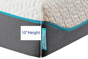 Close-up of Amazeam's 10-inch mattress side profile, showcasing the chill fabric and 4D side cover, with a visible logo tag and measurement arrows for dimension accuracy, highlighting comfort and quality design