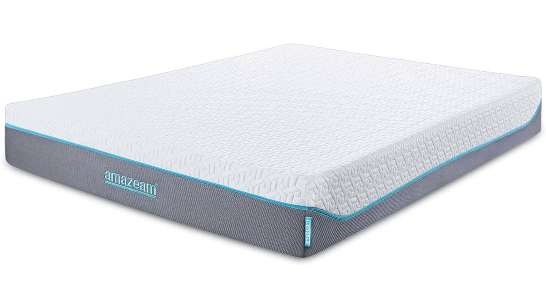 Side view of Amazeam mattress displaying logo and tag, known for its cooling gel technology and chill fabric, perfect for a comfortable sleep in Malaysia