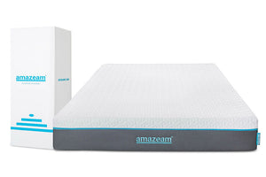Amazeam queen size mattress displayed next to its compact box on a white background, emphasizing the product's elegant design and simple unboxing process, ideal for effortless home setup