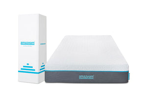 Front angle of Amazeam single size mattress next to its box, highlighting the compact design and easy setup